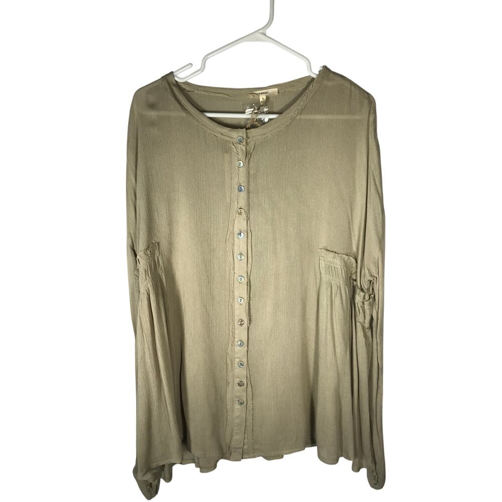 Easel Blouse Small Womens Long Sleeve Tan Shell Buttons Raw Edges New NWT
